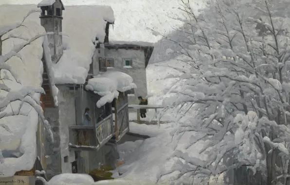 Зима, снег, пейзаж, дом, картина, Ла-Пунт-Чамуэшч, Петер Мёрк Мёнстед, Peder Mørk Mønsted