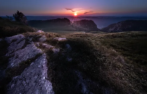 Солнце, закат, горы, природа, панорама