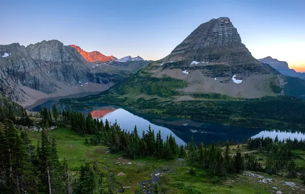 Картинка озеро, Монтана, США, Национальный парк, Lake, Montana, National Park, Ледник Сансет-Беархат-Маунтин