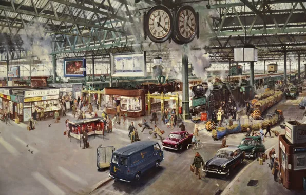 Картинка город, люди, дым, часы, картина, Вокзал, поезда, 1967