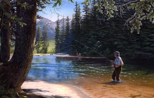 Картинка природа, река, рыбалка, ель, живопись, ёлки, Al Agnew, хвойные деревья