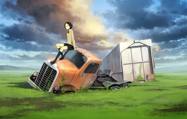 Картинка поле, машина, авария, трава, облака, остов, арт, девочка
