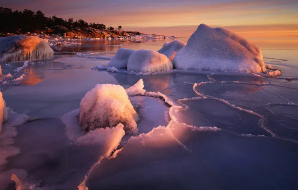 Картинка зима, побережье, лёд, Швеция, Sweden, Ботнический залив, Langvind, Botnic Sea