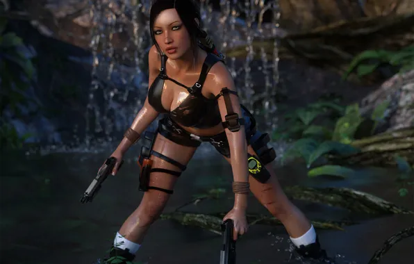 Рендеринг, оружие, пистолеты, игра, мокрая, арт, Lara Croft