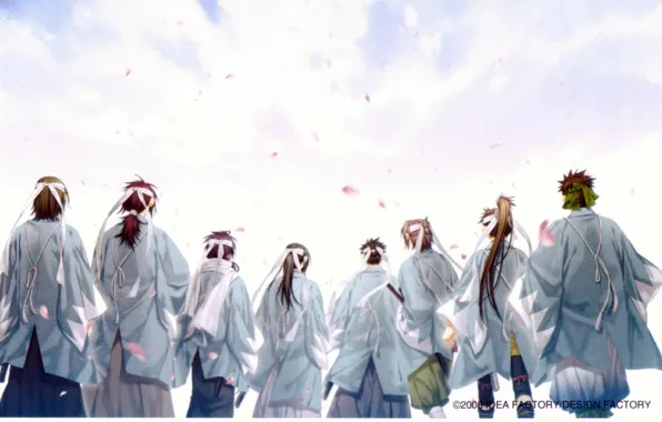 Небо, спина, повязка, плащ, отряд, самураи, Okita Souji, Saitou Hajime