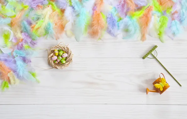 Яйца, перья, colorful, Пасха, happy, flowers, eggs, easter