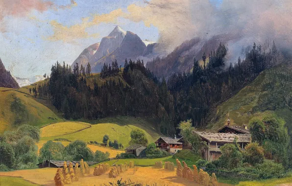 Дома, Горы, Деревья, Картина, Австрийский живописец, Joseph Holzer, Йозеф Хольцер, Пинцгау