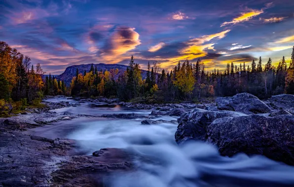 Картинка осень, лес, закат, горы, река, Швеция, Sweden, Lapland