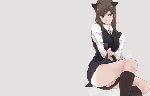 Школьница, гольфы, серый фон, сидит на полу, жилетка, кошачьи ушки, neko girl, кошачий хвост