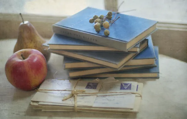 Картинка фон, книги, яблоко, письма