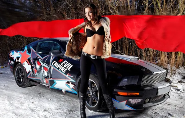 Машина, грудь, девушка, улыбка, тело, брюнетка, шубка, shelby gt 500