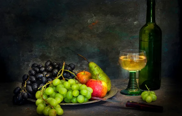 Бутылка, нож, фрукты, натюрморт, белое вино, Sweet wine flows