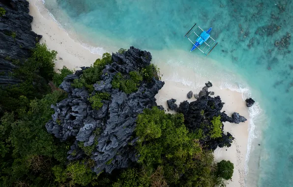 Beach, sea, coast, sand, boat, cliff, tropic, aerial view