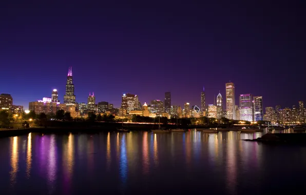 Картинка city, город, огни, парк, яхты, вечер, USA, Chicago