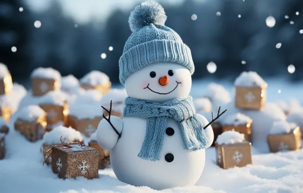Зима, снег, Новый Год, Рождество, снеговик, happy, Christmas, night