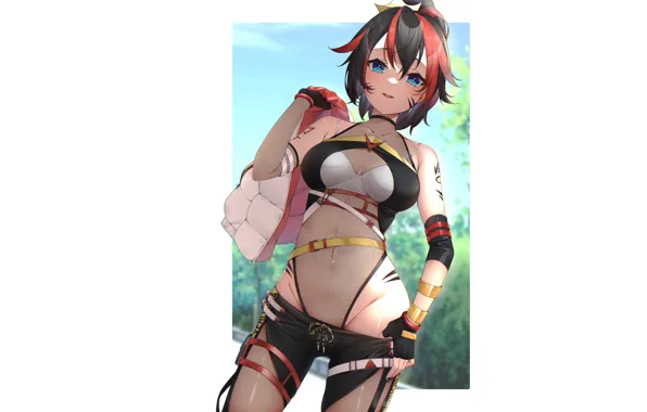 Girl, forest, Sexy, Anime, boobs, breasts, tights, crop top