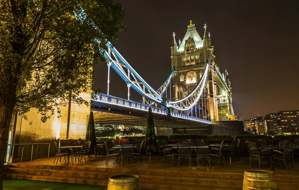 Ночь, мост, огни, Англия, Лондон, Tower Bridge
