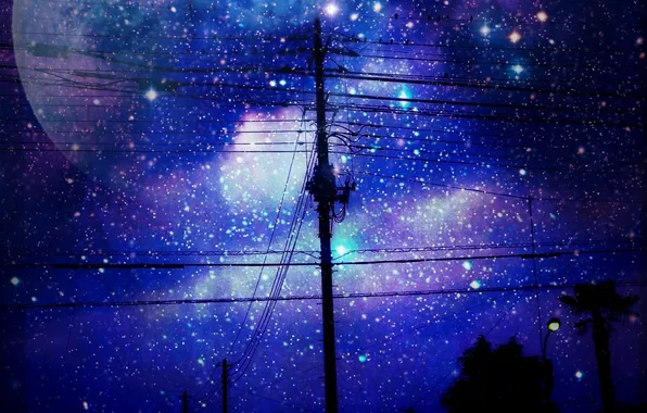 Картинка небо, звезды, деревья, ночь, город, луна, провода, дома