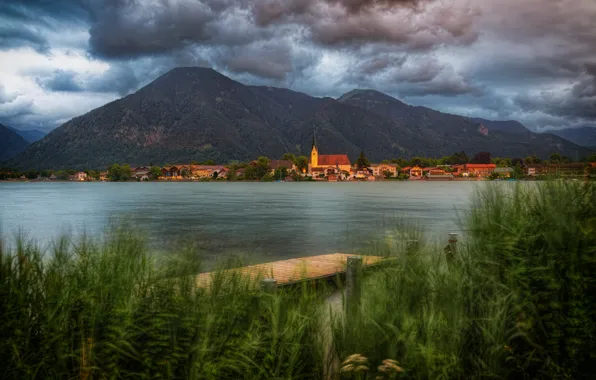 Трава, облака, горы, берег, Бавария, Альпы, церковь, домики