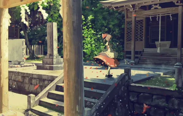 Девушка, природа, храм, Hakurei Reimu, Touhou Project