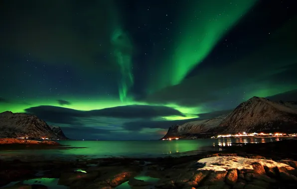 Картинка море, небо, ночь, скалы, северное сияние, Норвегия, Norway, Лофотенские острова