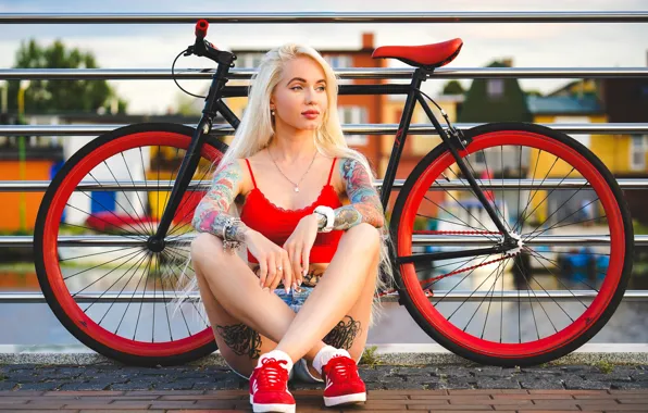 Girl, bicycle, Model, shorts, legs, photo, blue eyes, fence