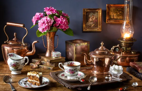 Картинка цветы, чай, букет, торт, натюрморт