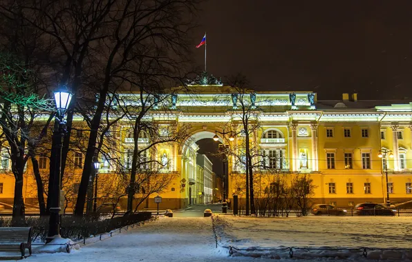 Картинка зима, дорога, снег, деревья, ночь, огни, улица, дома