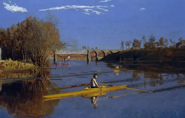 Мост, спорт, картина, байдарка, Thomas Cowperthwaite Eakins, Чемпион Макс Шмитт в Сингл-Скуллс