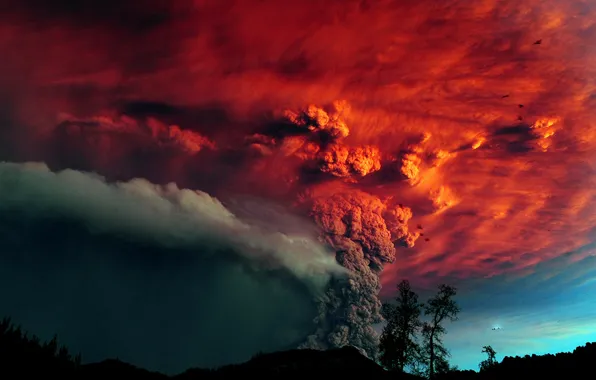 Картинка деревья, пепел, Вулкан, извержение, красное небо