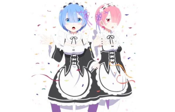 Девушки, anime, art, сёстры, ram, горничные, rem, re zero kara hajimeru isekai seikatsu