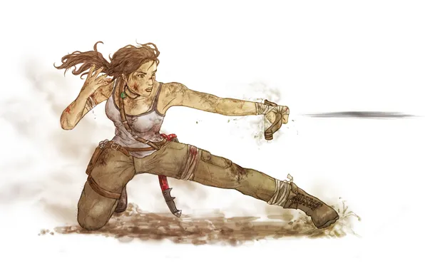 Взгляд, волосы, рисунок, майка, арт, Tomb Raider, Lara Croft
