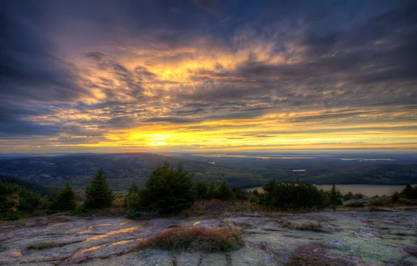 Небо, облака, пейзаж, природа, парк, горизонт, США, Acadia