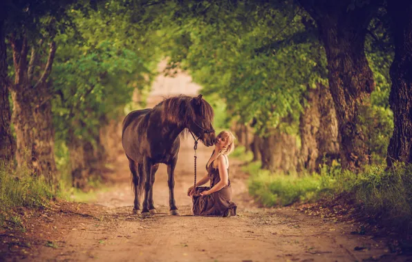 Картинка дорога, деревья, женщина, волосы, лошадь, губы, хутор, любовь. платье