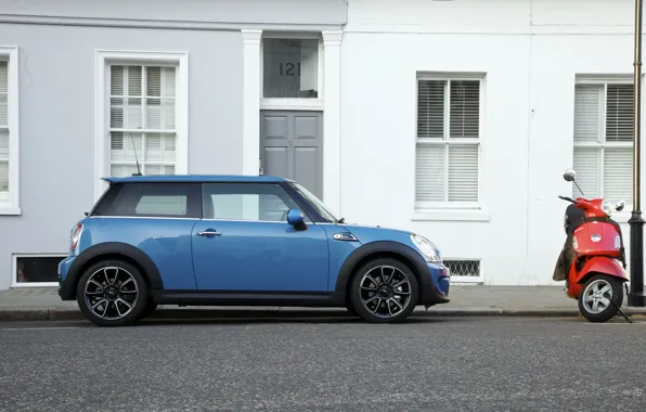 Авто, Синий, Дом, Мопед, Mini Cooper, MINI, Мини Купер