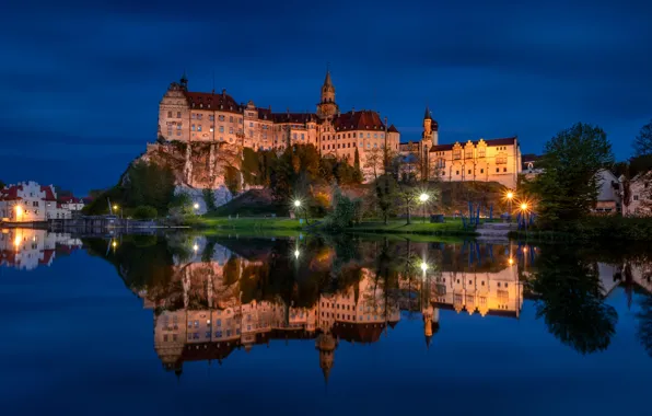 Картинка ночь, скала, отражение, река, замок, Германия, фонари, Germany