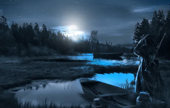 Картинка ночь, свечение, лодки, Сталкер, водоем, наблюдение