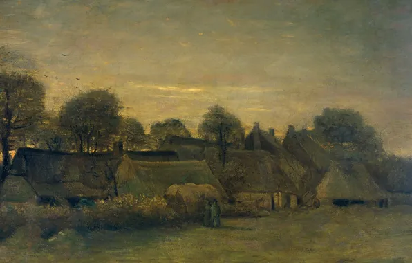 Картинка дом, масло, картина, Винсент ван Гог, Деревня Вечером