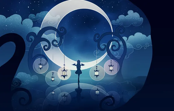 Картинка девушка, деревья, луна, крылья, тень, месяц, силуэт, фонари