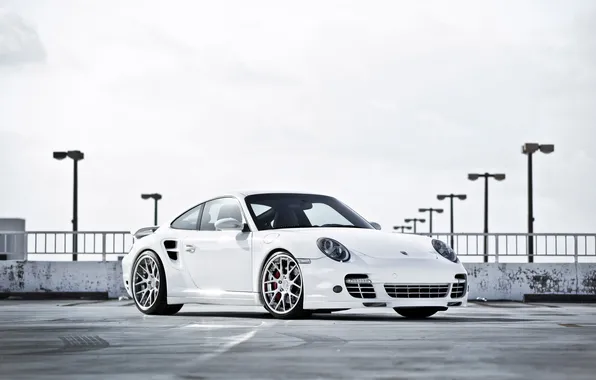 Картинка белый, небо, 997, Porsche, white, порше, Turbo, передняя часть