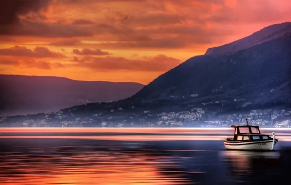 Небо, облака, пейзаж, закат, горы, природа, озеро