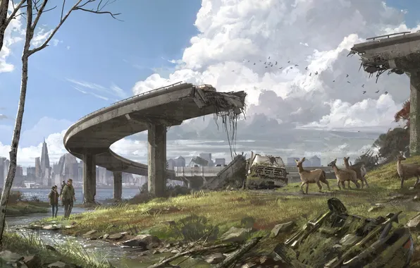 Животные, мост, город, руины, Элли, сша, The Last of Us, Джоэл