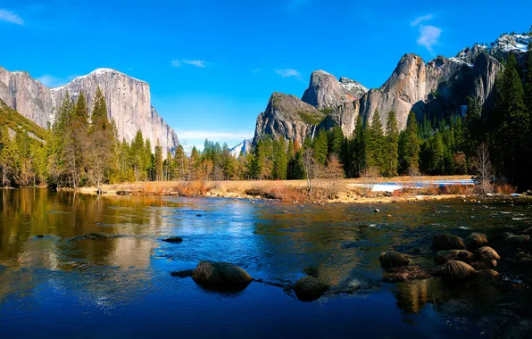 Лес, горы, природа, река, камни, Yosemite, National park, Valley View