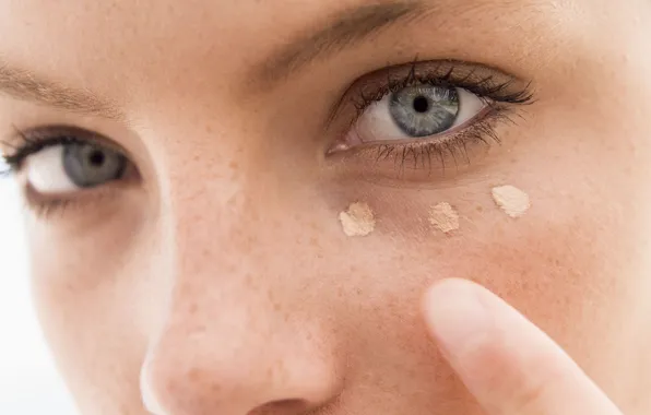 Woman, blue eyes, cream, fingers, makeup