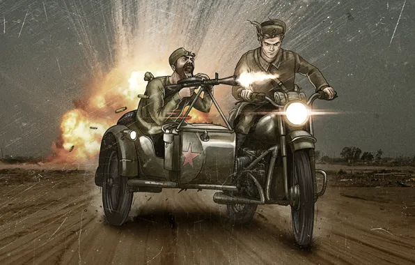 Война, мотоцикл, мужчины, комикс, пулемёт