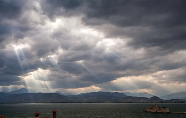 Море, облака, лучи, горы, Греция, Саронический залив