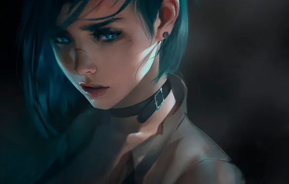 Girl, art, blue eyes, lips, choker, Trungbui, scrape