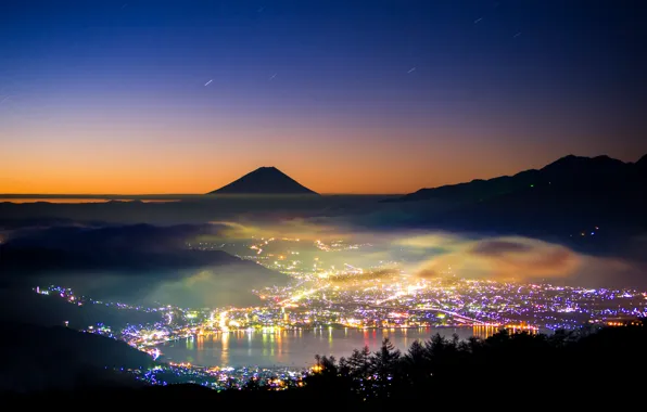 Ночь, огни, гора, вечер, Япония, Фудзияма, стратовулкан, 富士山