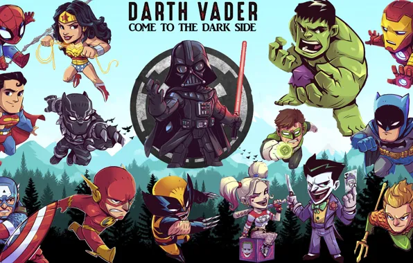 Star Wars, Darth Vader, Wonder Woman, Hulk, Batman, Wolverine, Iron Man, Marvel