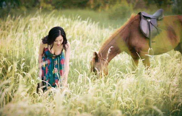 Картинка лето, трава, конь, лошадь, платье, прогулка, азиатка
